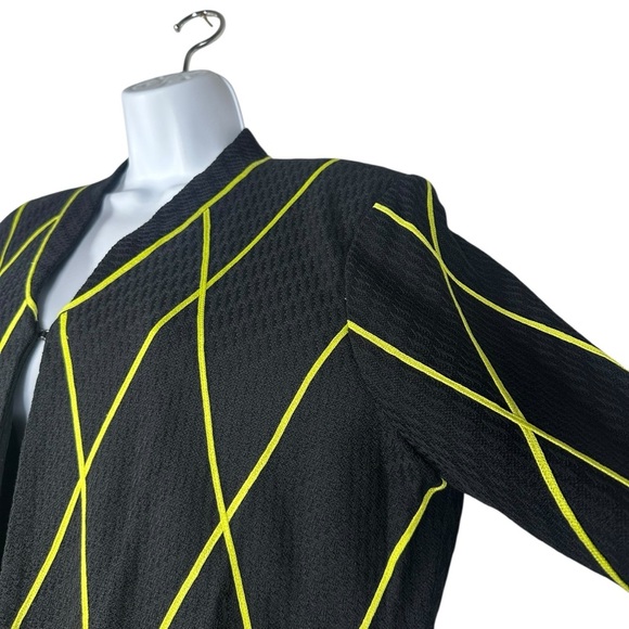 Misook XL Black Knit Cardigan Jacket Chartreuse Yellow Diamond 3/4 Sleeve Career - Picture 7 of 11